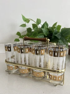 Vintage MCM Fred Press High Ball 22k Gold Highball Glasses and Caddy - Picture 1 of 7