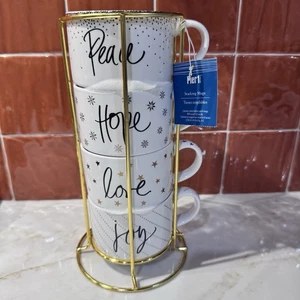 NUEVO Pier 1 Navidad Vacaciones Apilables Juego de 4 Tazas de Gres Café Té Festivo - Imagen 1 de 10