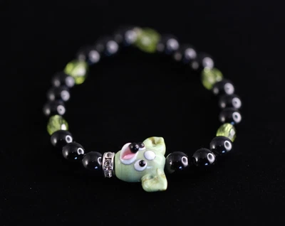 Dog Bracelet Green Lampwork  7" inch Elastic Glass Beads Black Onyx Rhinestone - Image 1 of 4