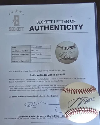 Bola de beisebol Beckett LOA autografada por Justin Verlander OMLB - Imagem 1 de 4