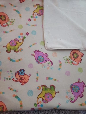 baby blanket handmade Soft Cozy Flannel Reversible Ivory Colorful Elephants  - Image 1 of 4