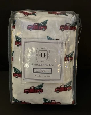 NUEVO Acogedor Juego de Sábanas Doble Franela Rojo Vacaciones Camionetas/Árboles de Navidad Foto 1 de 4