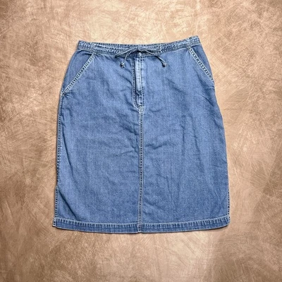 Vintage 90s Denim Old School Brand High Waisted Mini Skirt Blue Tie Waist A Line - Image 1 of 4