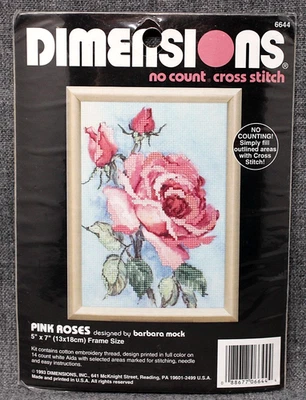 1993 DIMENSIONS No Count Cross Stitch Kit "Pink Roses" #6644 5"x7" NOS SEALED - Image 1 of 4