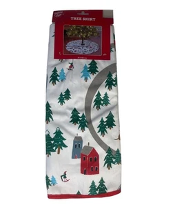 Holiday Style Christmas Tree Skirt 38" Winter Village Scene Red Border New - Picture 1 of 6