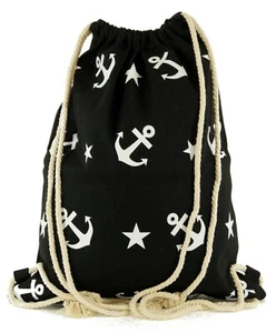 Damen Gymsack Sporttasche Turnbeutel Gymbag Anker Rucksack Beuteltasche Schwarz - Bild 1 von 2