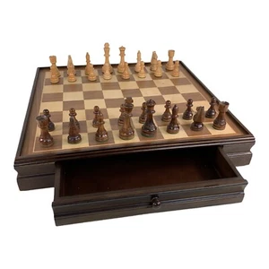 Large 20" Walnut Inlaid Wood Chess Set Staunton Pieces 3-5/8 King Storage Drawer - Picture 1 of 9