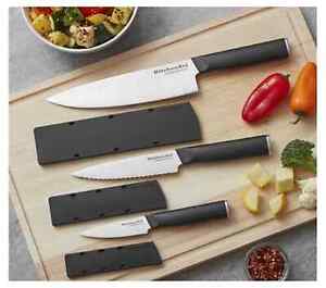 NEW - KITCHENAID 3 PIECE CHEF KNIFE SET WITH BLADE COVERS JAPANESE STEEL BLADES
