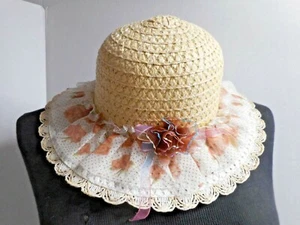 Girls Woven Easter Bonnet Church Hat Raffia Flower Bow Spring Dres Up Chin Strap - Picture 1 of 11