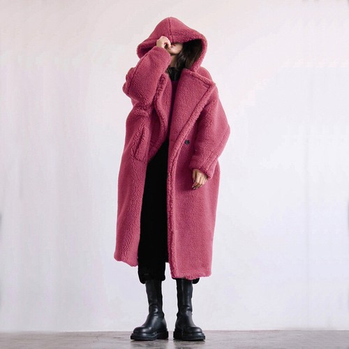 VETEMENTS Cappotto invernale casual pelliccia di agnello sintetica donna media lunghezza con cappuccio risvolto moda outwear