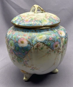 Signed Antique Nippon Hand Painted Biscuit Cracker Jar Cherry Blossom 6 1/2" - Picture 1 of 10