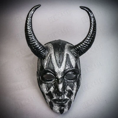 Horned Demon Masquerade Gothic Black Silver Halloween Costume Devil Face Mask - Image 1 of 3