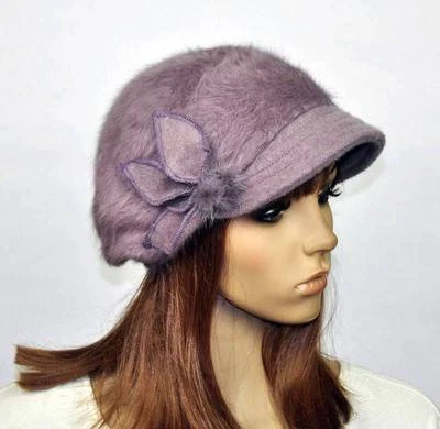 M82 Lindo Sombrero de Ala de Lana Suave de Piel de Conejo para Mujer Gorro de Invierno Gorra de Newsboy Púrpura Foto 1 de 3