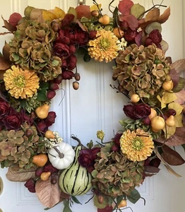 Fall Wreath With Burgundy Peonies, Yellow Dahlias, And Brown Hydrangeas - Picture 1 of 10