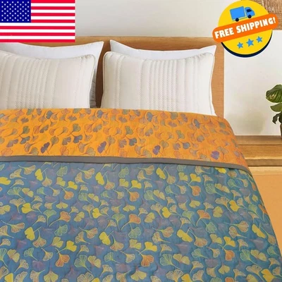 Colcha reversible de algodón con hoja de ginkgo azul naranja tamaño king Foto 1 de 4