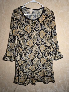 MK Michael Kors XL Tunic Blouse Paisley Ruffle Hem Boho Black Gold Dress 165 - Picture 1 of 4