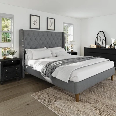 47.2英寸高灰色大号内饰床架-天鹅绒塔夫特翼背,无噪音 — 第 1/4 张图片