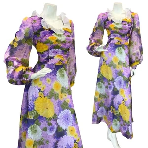 VTG 70S FLORAL BISHOP SLEEVE MAXI DRESS PURPLE YELLOW PINK 10 - Picture 1 of 10