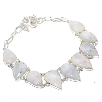 Collar de joyería hecha a mano de plata de ley 925 con piedras preciosas de luna arco iris 18" o23 Foto 1 de 4