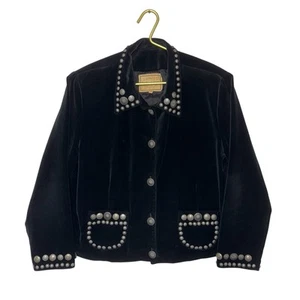 Vtg Double D Ranch Western Jacket Womens Large Black Velvet Silver Dime Button - Picture 1 of 11