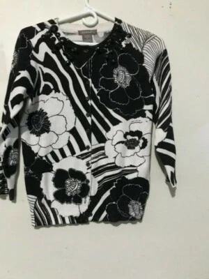 Kenar Size S Floral Cream Black Cardigan Beaded Sweater Women Top Blouse — 第 1/4 张图片