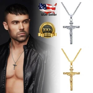 Men Crucifix Cross Pendant with Chain Baptism Christian Jewelry 18K Gold Silver - Picture 1 of 9