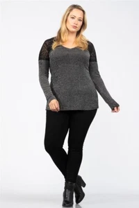 Top de mujer talla grande plateado brillante 2XL negro encaje manga larga - Imagen 1 de 2
