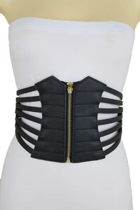Women Elastic Black Corset Wide Belt Hip High Waist Gold Zipper Fit Size S M - Picture 1 of 12