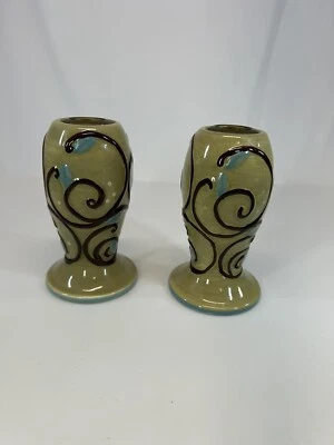 Russ Accents Berry Harvest Candle Holders Ceramic Paisley Green Set of 2 - Image 1 of 4