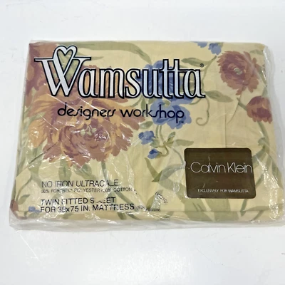 NOS Vintage Wamsutta Calvin Klein Twin Fitted Sheet Brown Multi Floral Design - Image 1 of 2
