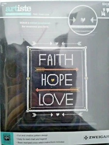 Artiste Zweigart Stamped Cross Stitch Faith Hope Love Floss Fabric Needle New - Picture 1 of 3