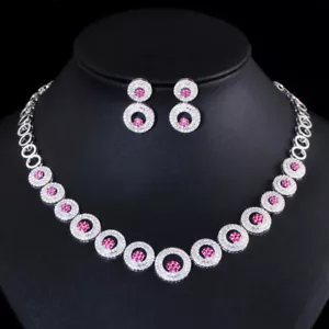Gargantilla redonda grande circonita roja collar pendientes novia boda banquete conjunto de joyas - Imagen 1 de 15