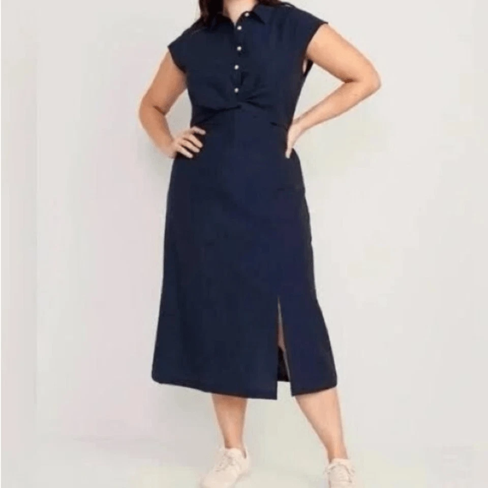 Old Navy Waist-Defined Twist-Front Midi Shirt Dress rayon linen nylon blend L - Image 1 of 4