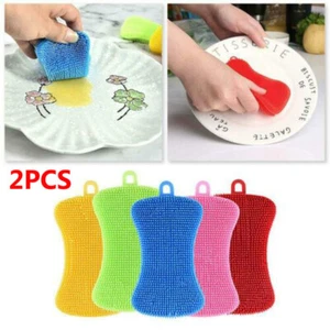 Premium Silicone Dish Washing Brush Sponge Scrubber Pot Pan Kitchen Cleaning 2pc - Picture 1 of 11