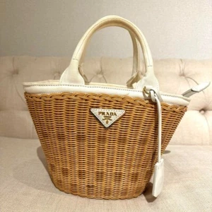 PRADA Raffia Wicker Basket Tote Bag – Ivory White Canvas Triangle Logo AUTH ES1 - Picture 1 of 14
