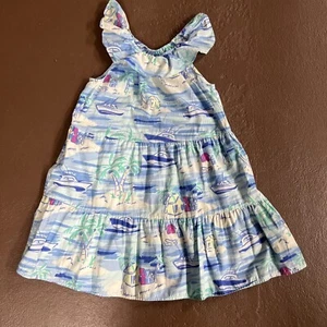 Vineyard Vines Target Beach Island Palm Blue Ruffle Boat Girls Dress Size 6/6X - Picture 1 of 8