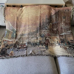 Thomas Kinkade Tapestry Throw Blanket Christmas On Main Street Winter Scene - Picture 1 of 9