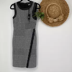 DKNY Faux Leather Wrap Houndstooth Sleeveless Dress Sheath MIDI Black White Size - Picture 1 of 14