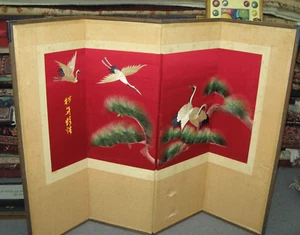 ANTIQUE SILK CHINESE EMBROIDERY 4 PANEL  FOLDING SCREEN SIGNED SCROLL BIRD CRANE - Picture 1 of 10