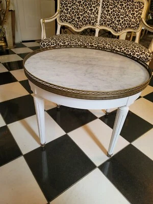 VTG Painted Danby MARBLE TOP Accent Table French LOUIS XVl Style w/Brass Gallery - Image 1 of 4