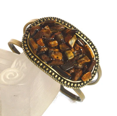 Genuine Semi-precious Tigers Eye Stone Antique Brass Gold Luk Bangle Cuff Reiki  - Image 1 of 2