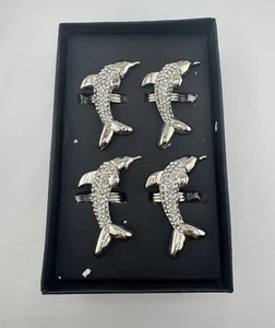 New Nicole Miller Home Set of 4 Silver Tone Rhinestone Dolphin Napkin Rings NIB - Picture 1 of 6