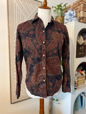 Blusa Chaps Mujer Cuadros Cachemira Azul Marino Abotonada Talla S Dinero Antiguo Caída Ecuestre Foto 1 de 4