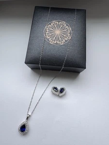 SPARKLING* 925 Sterling Silver Lab Made Sapphire Necklace Teardrop Earring Set - Picture 1 of 21