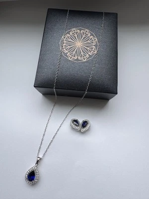 Brillante* Juego de Pendientes Lágrima Collar Zafiro Hecho en Laboratorio Plata de Ley 925 Foto 1 de 4