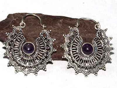 Exclusivos Pendientes de Piedras Preciosas Chapadas en Plata 925 Amatista Natural 1.8" GW Foto 1 de 3