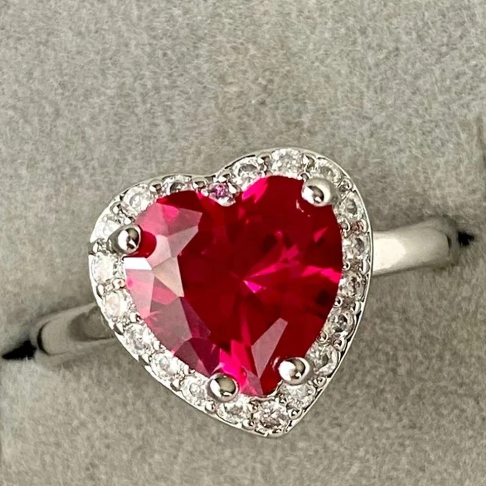 4.50 Ct Heart Cut Natural Ruby and Diamond Halo Design Ring 950 Platinum 6 7 8 - Image 1 of 4