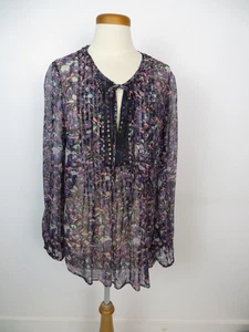 Plenty Top Size M Multi Color Silk Long Sleeve Blouse Low V-Neck Boho Tunic - Picture 1 of 5