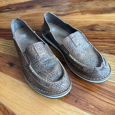 Ariat Embossed Leather Slip On Loafer Shoes Womens Size 11B Brown Floral Pattern - Image 1 of 4