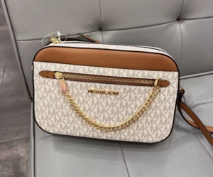 NEU MIT ETIKETT MICHAEL KORS MK JET SET ARTIKEL KETTE SCHULTER UMHÄNGETASCHE MK VANILLEBRAUN - Bild 1 von 6